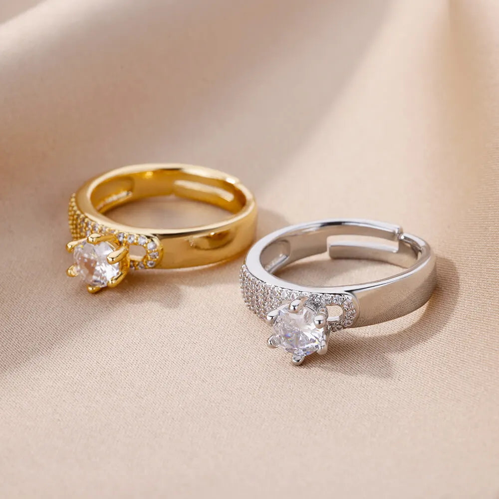 Stainless Steel Round Zircon Geometric Gold Crystal Ring