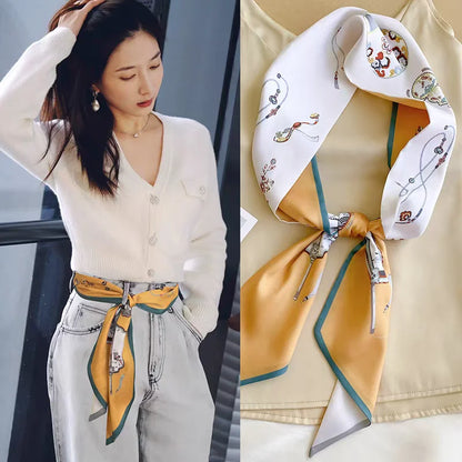 Luxury Long Silk Scarf Animal Horse Print Thin Narrow Scarf Shawl