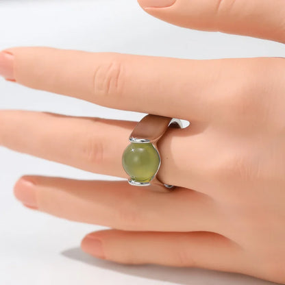 Inlaid Green Stone Aesthetic Silver Color Geometry Ring