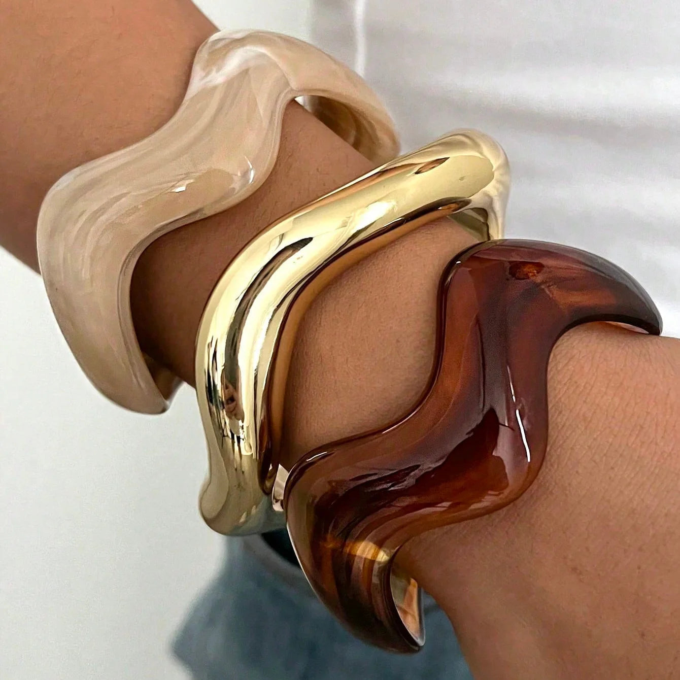 3 Pcs Vintage Minimalist Wavy Cuff Bangle Chunky Stackable Bracelets Set