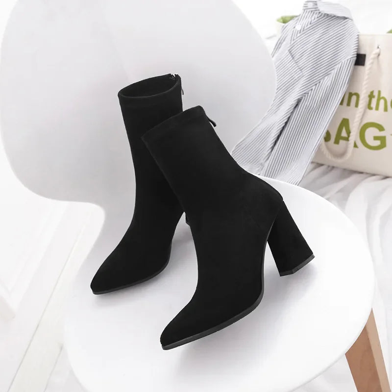 Ankle Chunky High Heel Sock Chelsea Sexy Warm Boots