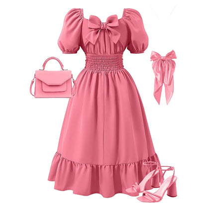 Spring And Summer Cute Elegant Off-Shoulder Lantern Sleeve Bow Solid Color Puff Dress