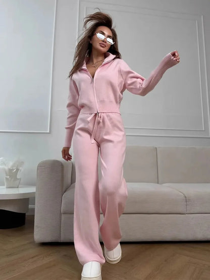 Knit Zip Up Cardigan Wide Leg Soft Fabric Cropped Sets