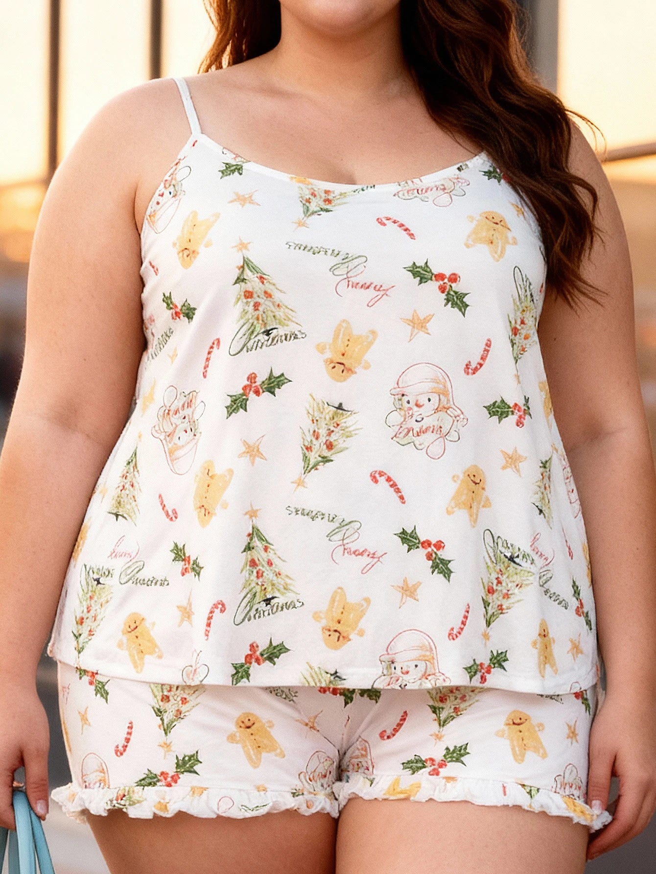 Plus Size Cute Cartoon Print Cami Top with Ruffle Shorts Pajamas Sleepwear Set
