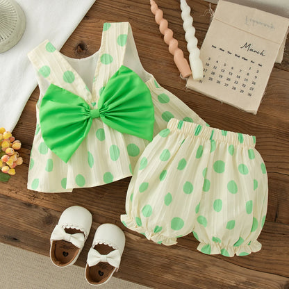 Toddler Girls Korean Style Polka Dot Bow Sleeveless Dress Set