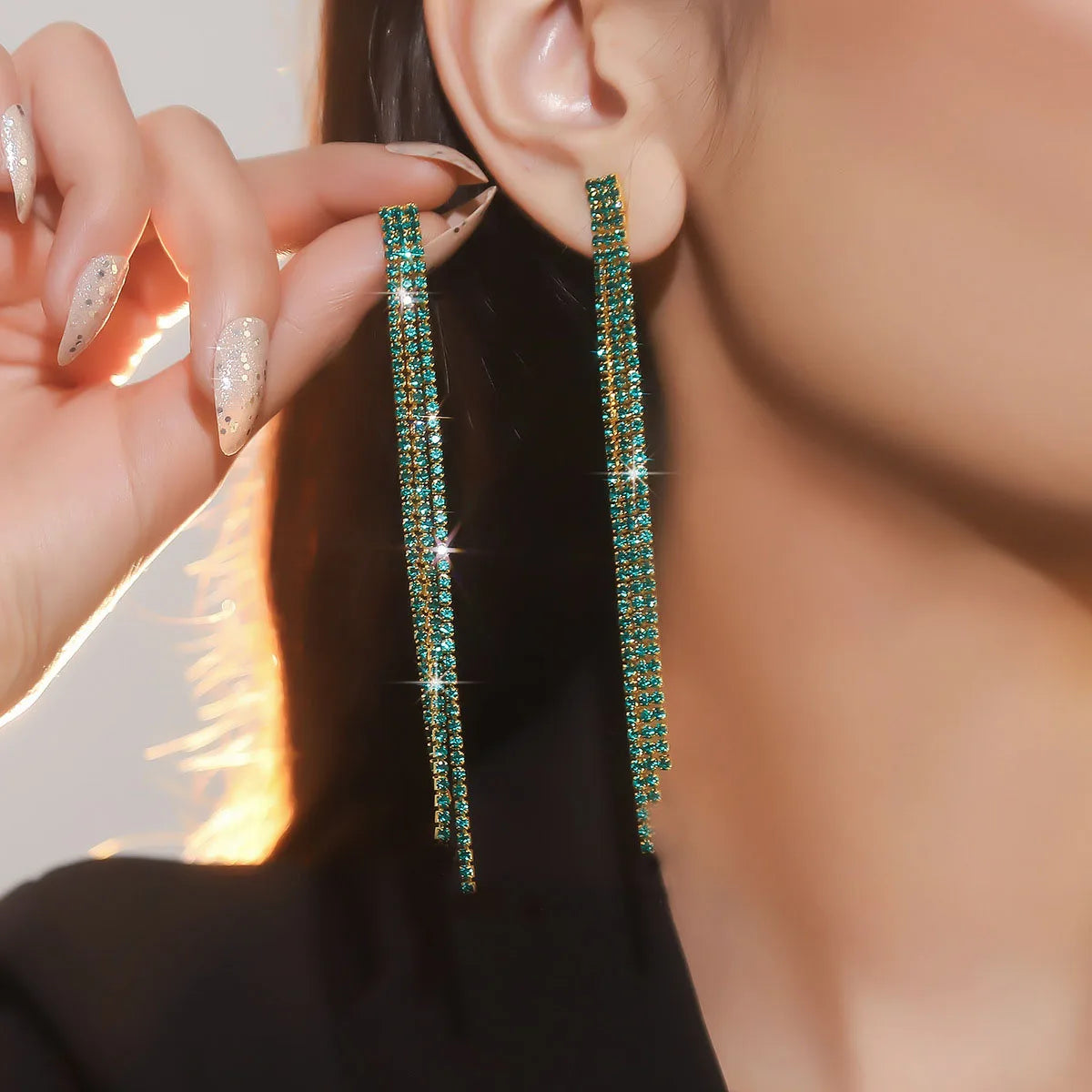 Shiny Rhinestone Crystal Tassel Long Earrings