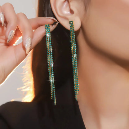 Shiny Rhinestone Crystal Tassel Long Earrings