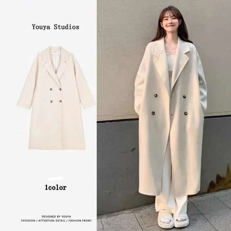 Woolen Versatile Korean Style Medium Length Long Sleeve Elegant Coat