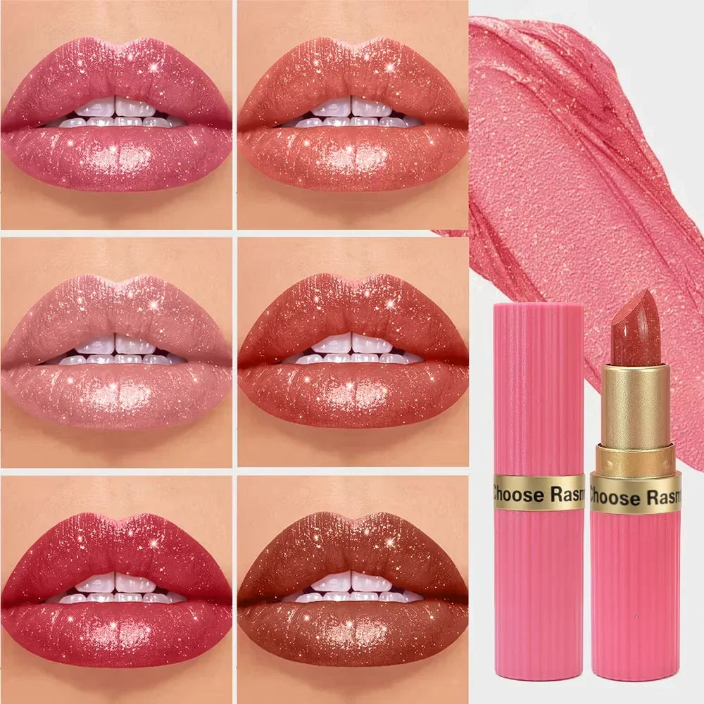 Pearlescent Pink Glitter Velvet Lipstick Metallic Waterproof Makeup Cosmetic