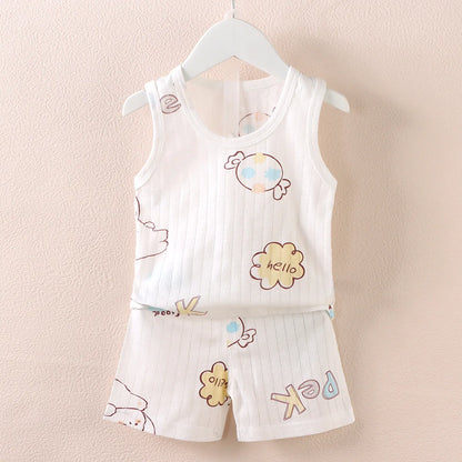 Cartoon Thin Style Sleeveless Baby Pajamas Set