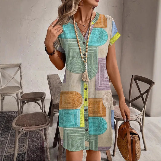 Geometric printing V-neck button up Dress