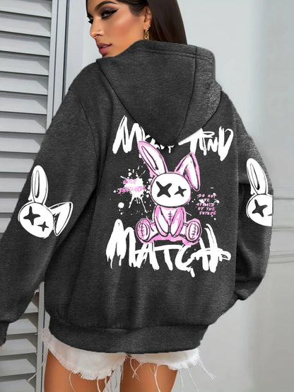 Mix And Match Cartoon Rabbit Prints Hoodie Pocket Streetwear