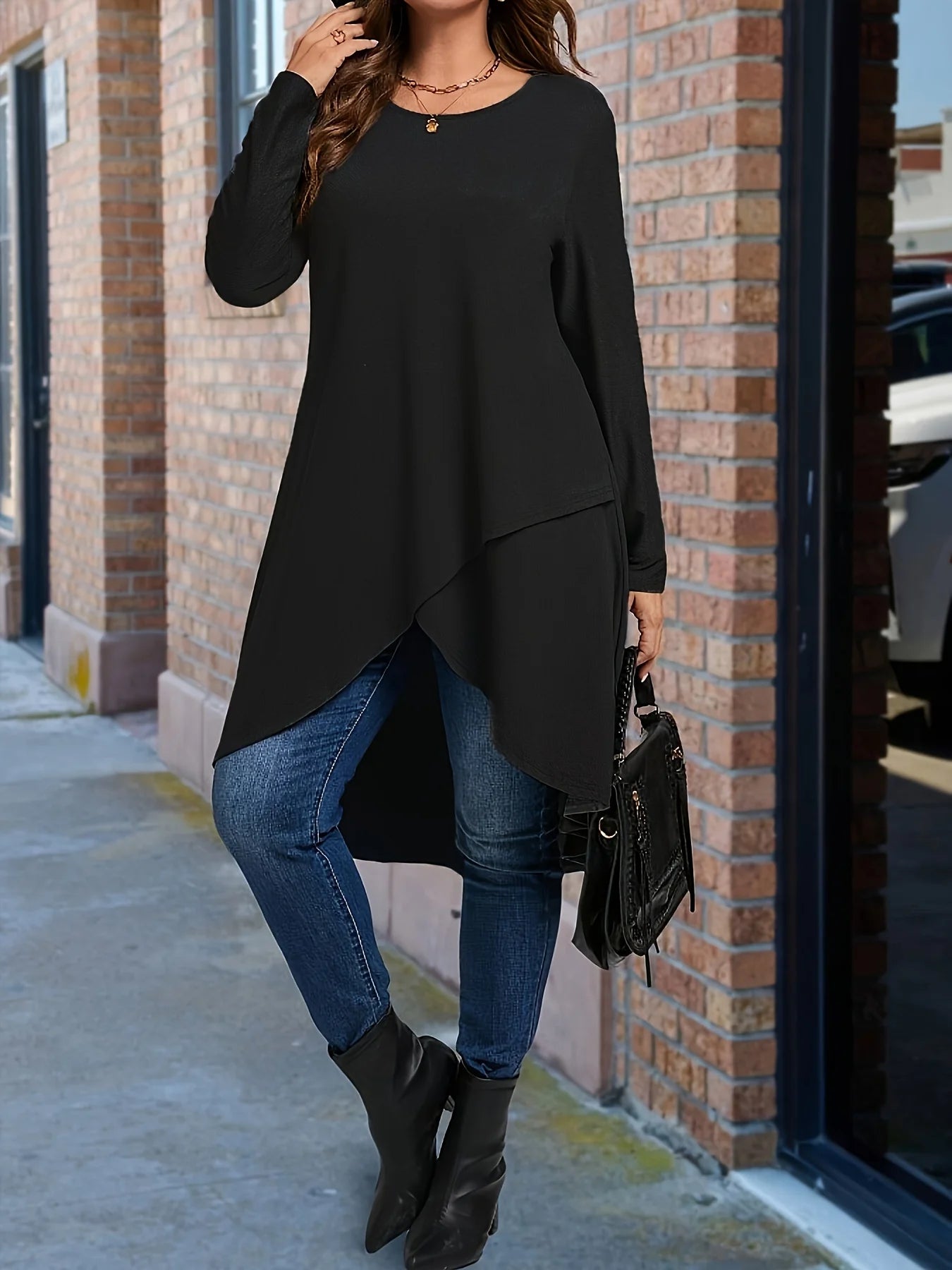 Plus Size Long Sleeve Elegant Crew Neck Asymmetrical Dipped T-shirt