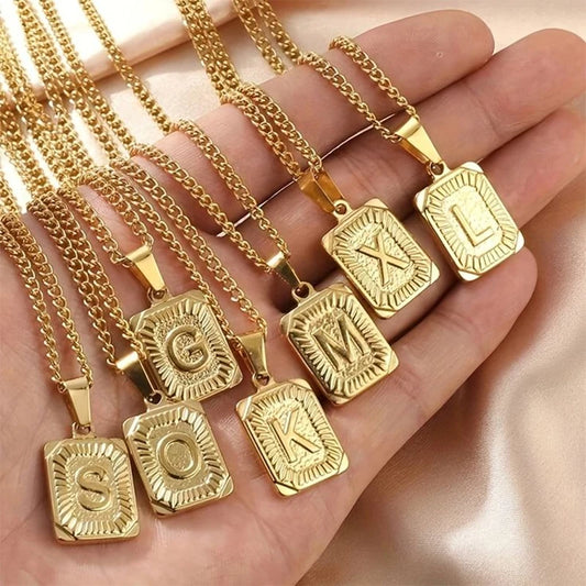 Initial Pendant Stainless Steel Letter Square Necklace