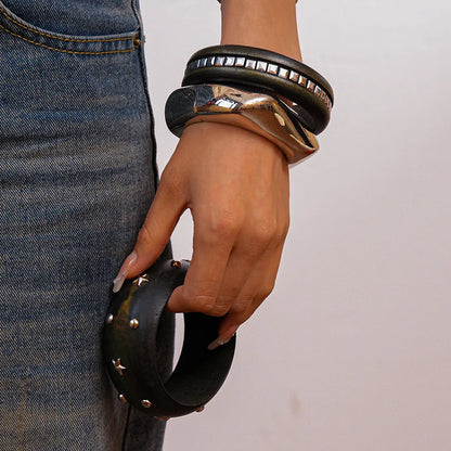 Natural Wooden Square Round Hip Hop  Rivet Beads Wide Bangles Bracelet