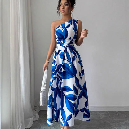 Cross-Border Floral Print Asymmetrical Shoulder Split Long Dress