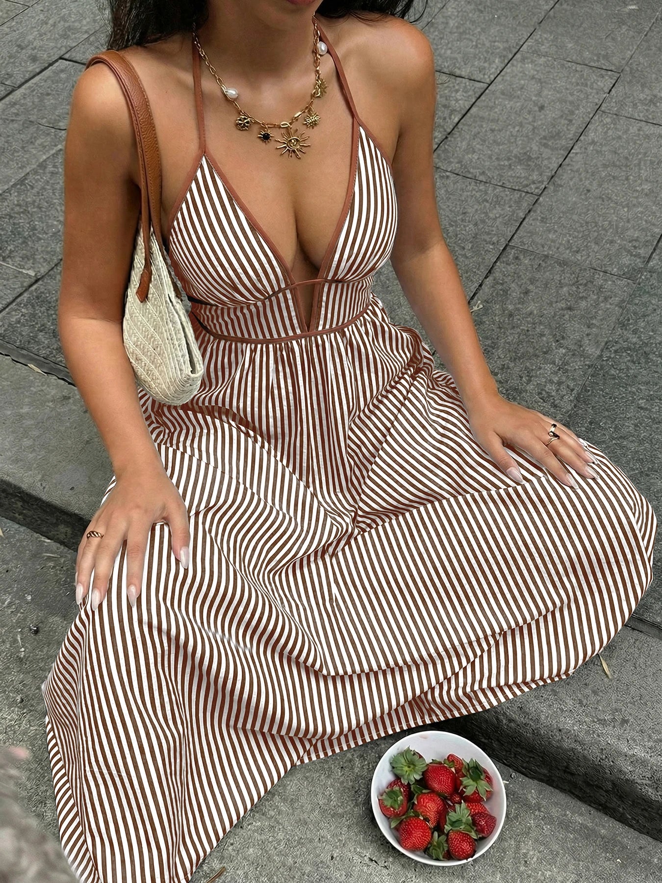 Deep V-neck Striped Sexy Backless Sleeveless Neckline Long Dress
