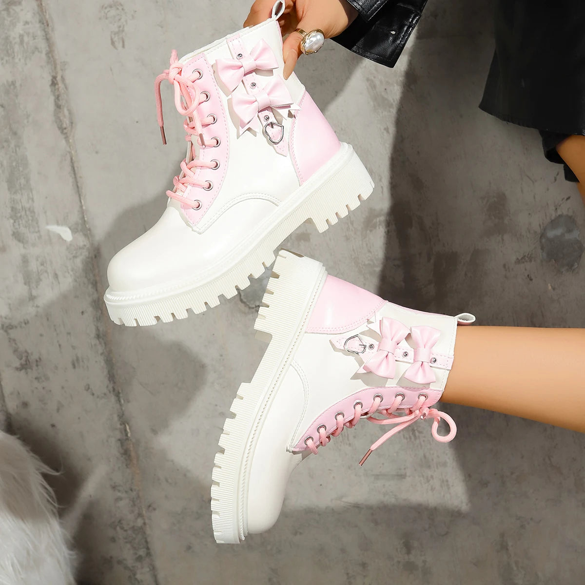 Sweet Pink Bowknot Mix Color Ankle Thick Bottom Lace Up Boots