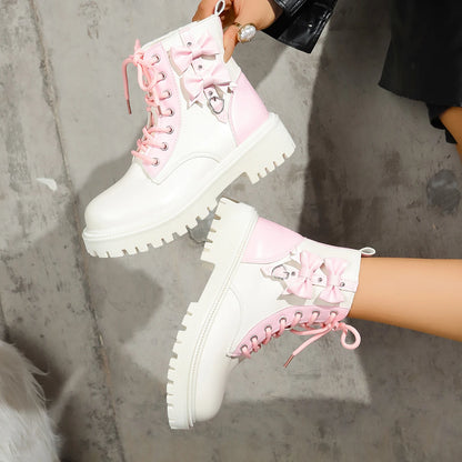 Sweet Pink Bowknot Mix Color Ankle Thick Bottom Lace Up Boots