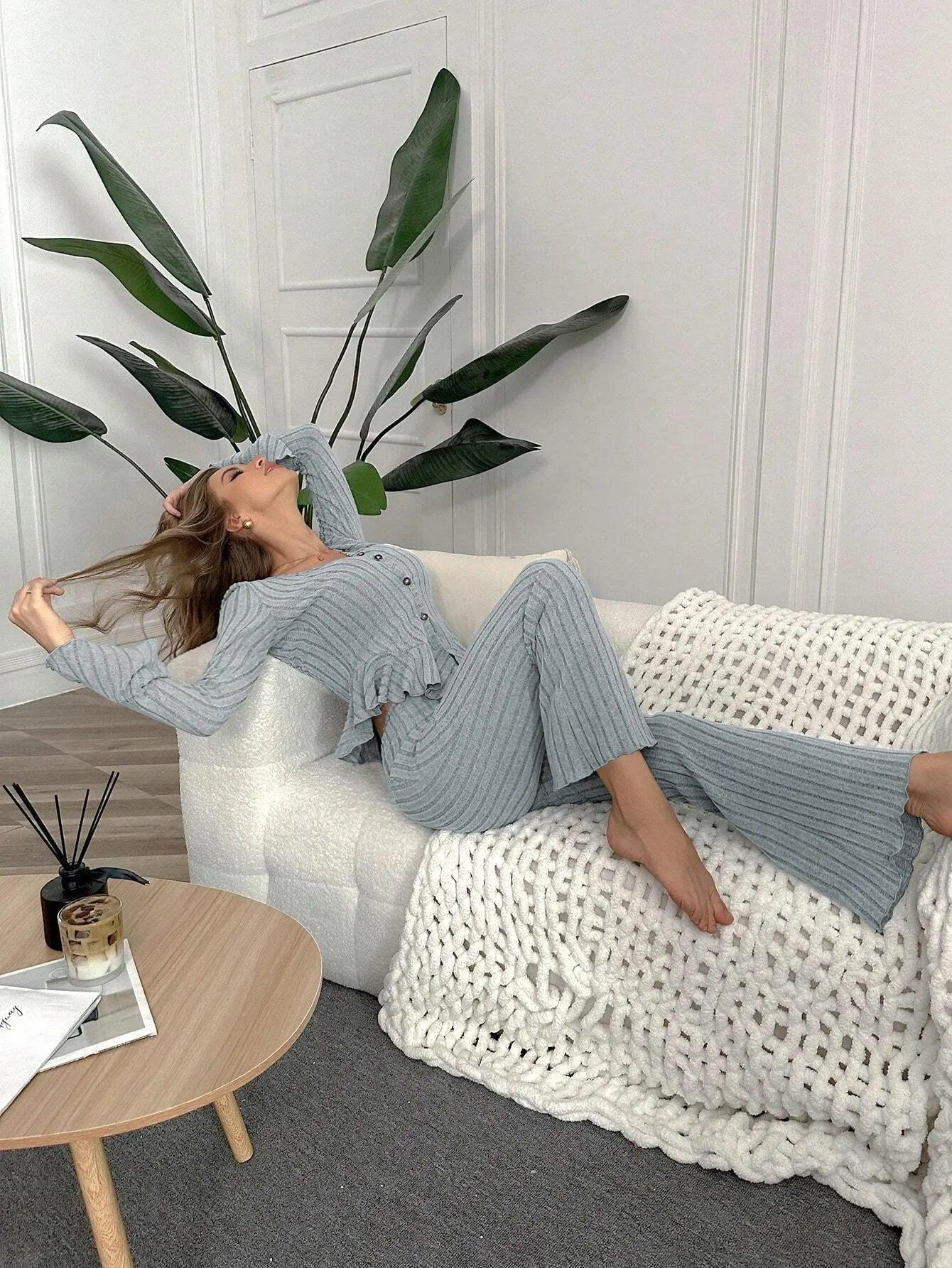 Sexy V Neck Long Sleeve Pyjamas Set