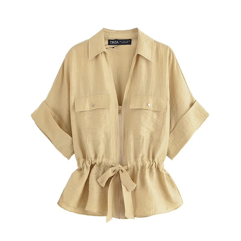 Solid Front Zipper Shirts & Vintage Pants Sets