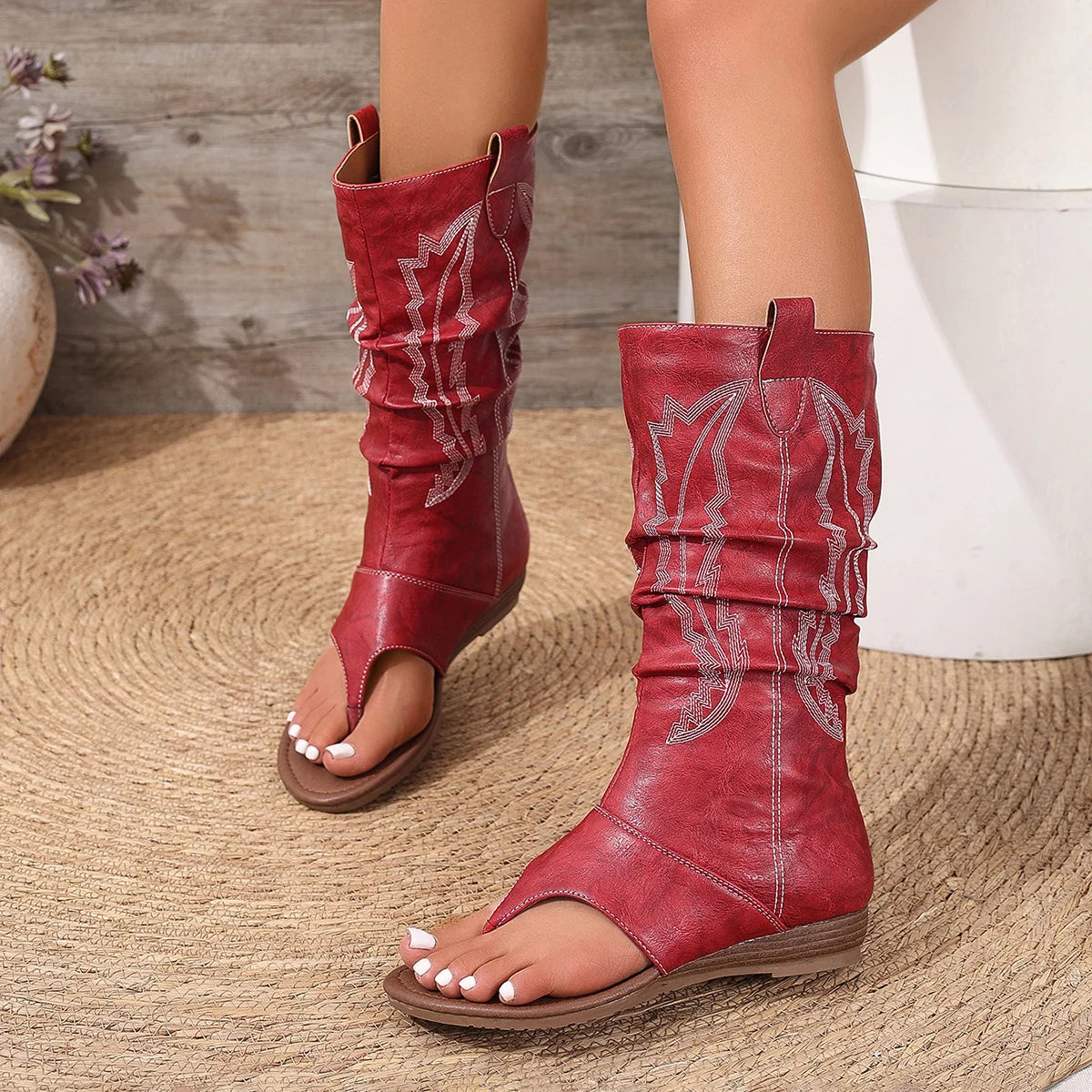Embroidered Clip-Toe Wedge Heel Stylish Breathable Western Boots