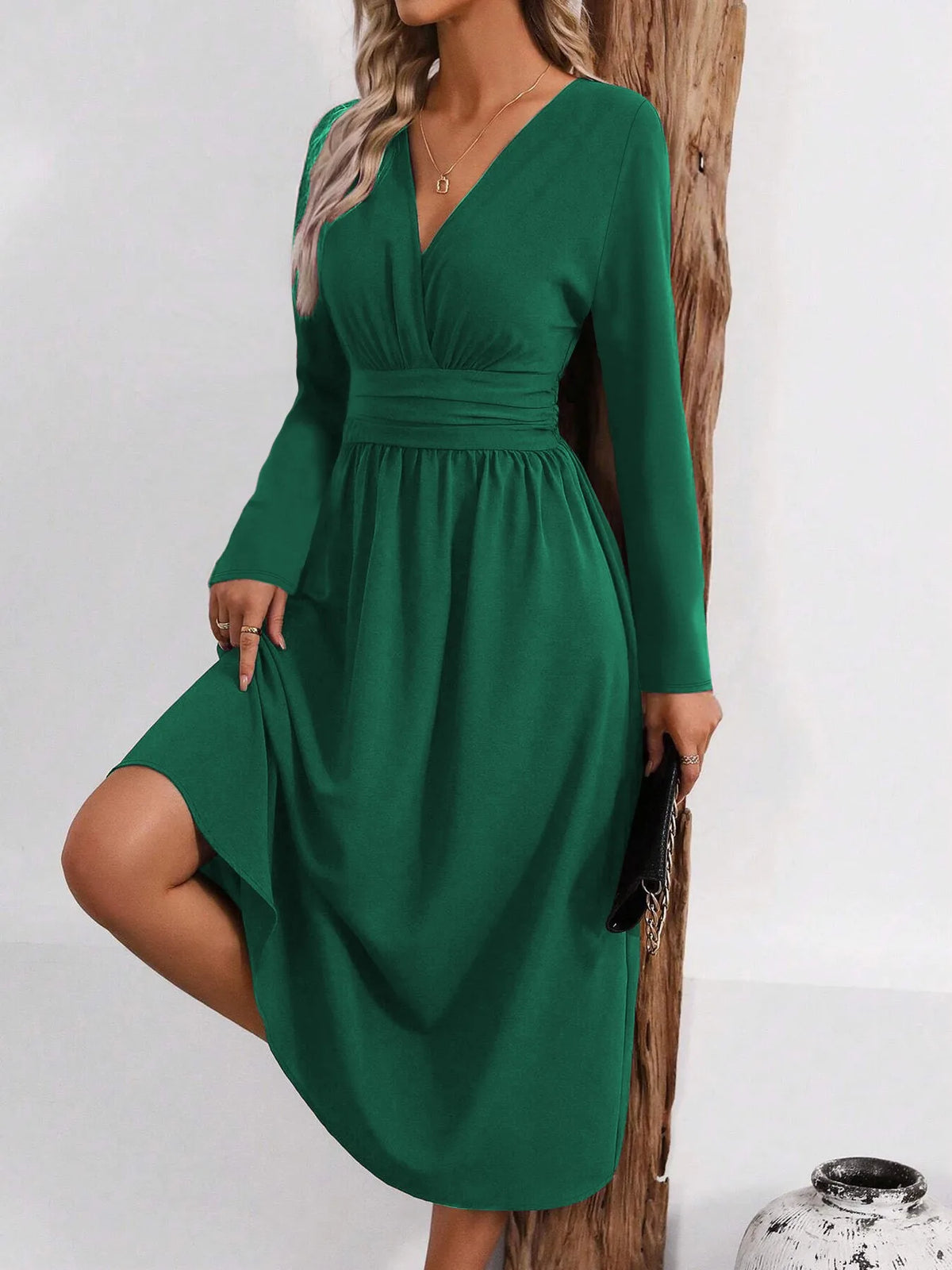 Elegant V-Neck Long Sleeve with Waist Shirring Bodycon Long Maxi Dress