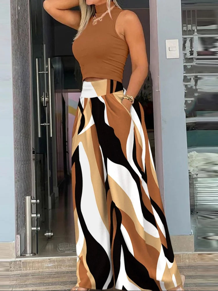 Casual Sleeveless Tank Top Wide Leg Pants Set