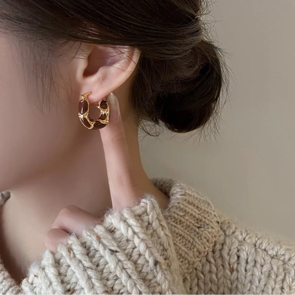 Brown Enamel Zircon Hoop Earrings