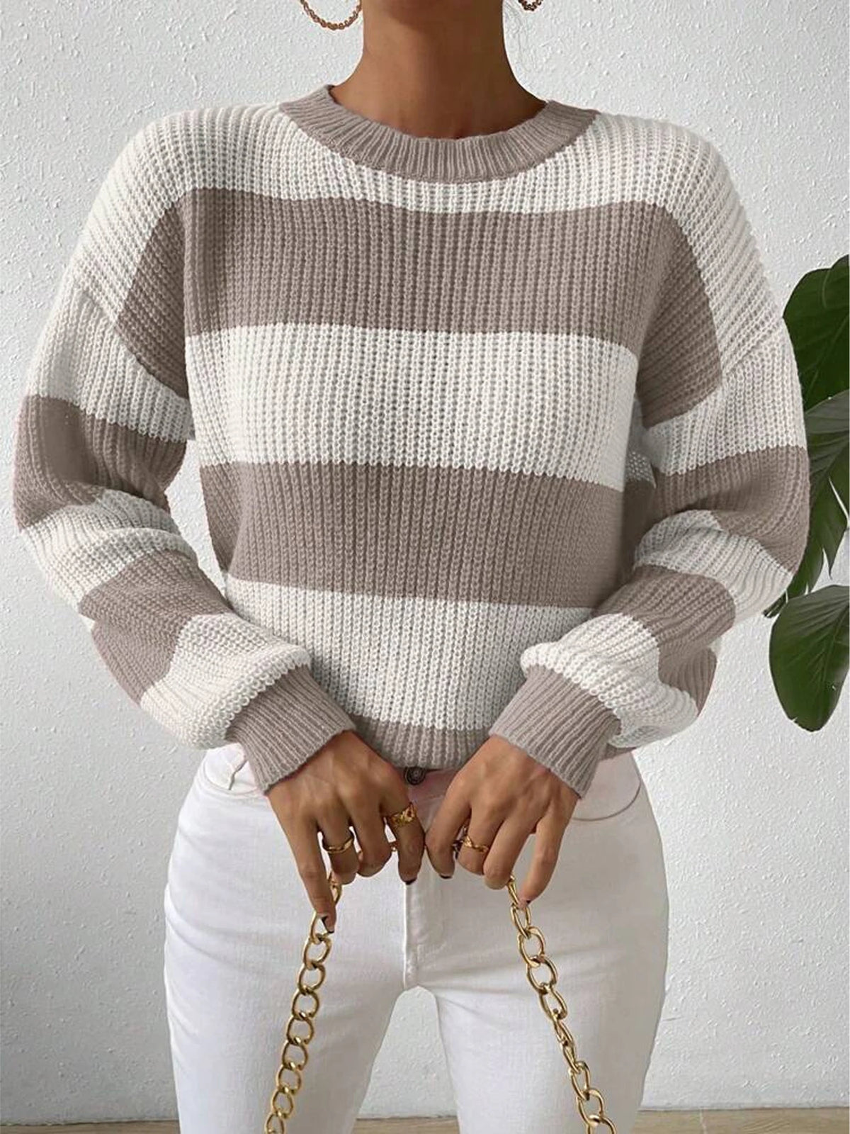 Autumn and Winter Contrasting Striped Round Neck Pullover Knitted Sweater