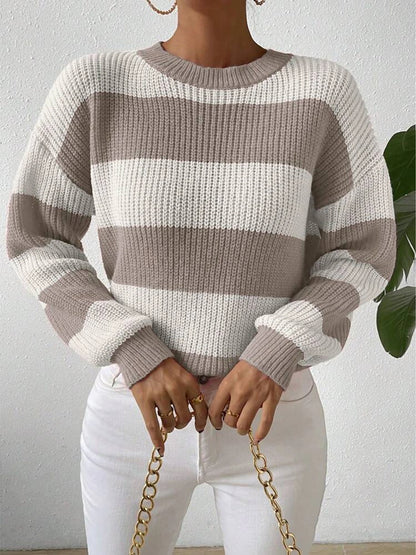 Autumn and Winter Contrasting Striped Round Neck Pullover Knitted Sweater