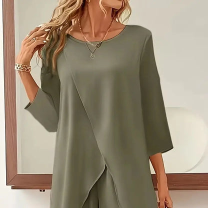 Plus Size Casual Round Neck Long Sleeved Slit Wide Leg Pants Set