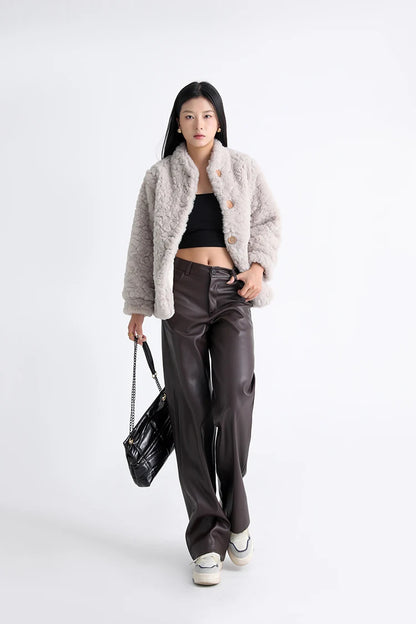 Fall Winter Fleece Loose Wide Leg Leather Pants
