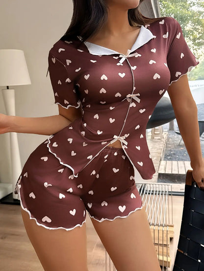 Love Printed Collar Short Sleeve Bow Slim Fit Pajamas