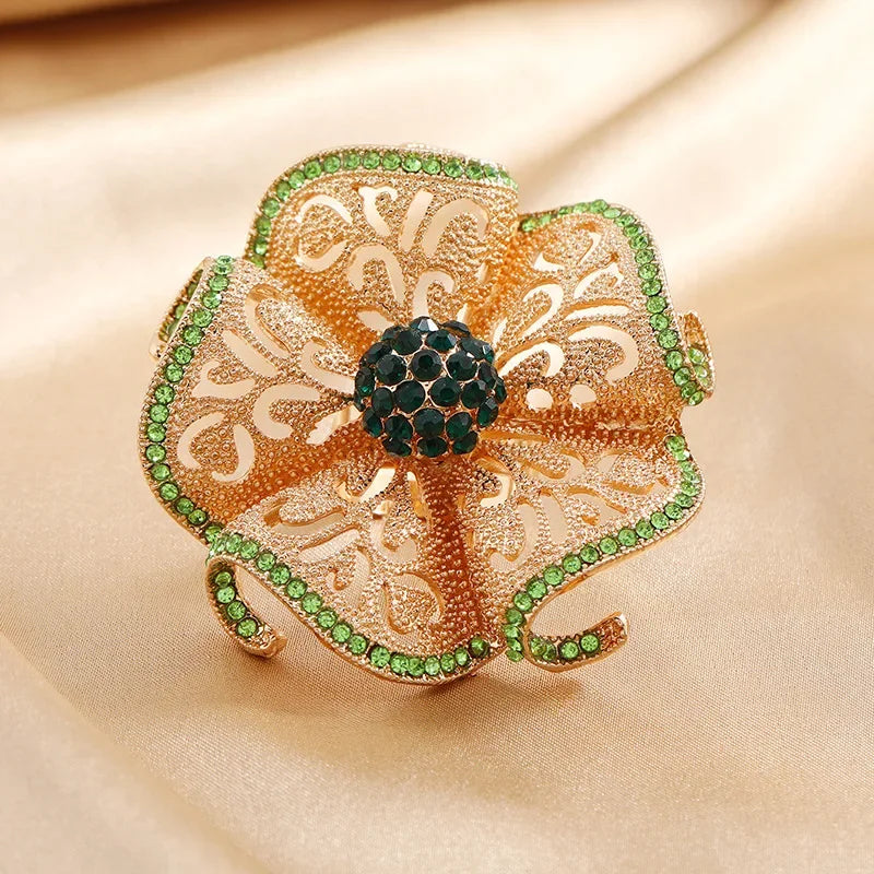 Luxury Big Flower Zircon Classic Hollow Gold Adjustable Ring