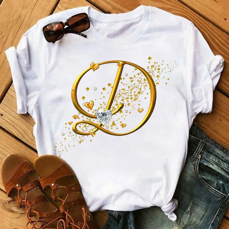 Custom Letter Combination Diamond Gold Letter T-shirt