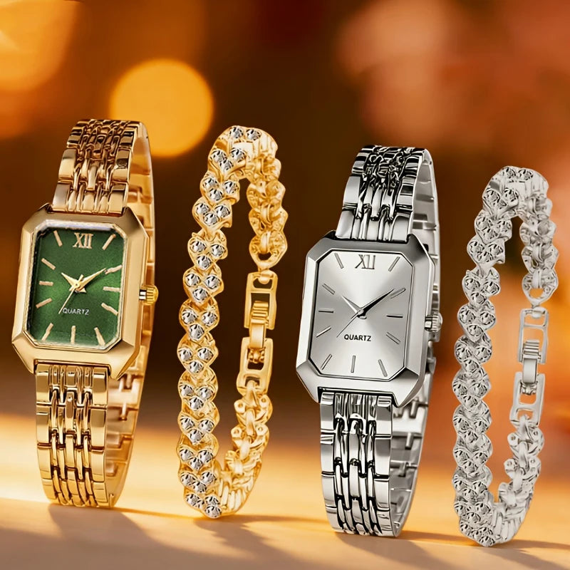 4PCS/Set Elegant Rectangle Quartz Wristwatch Heart Bracelets Set