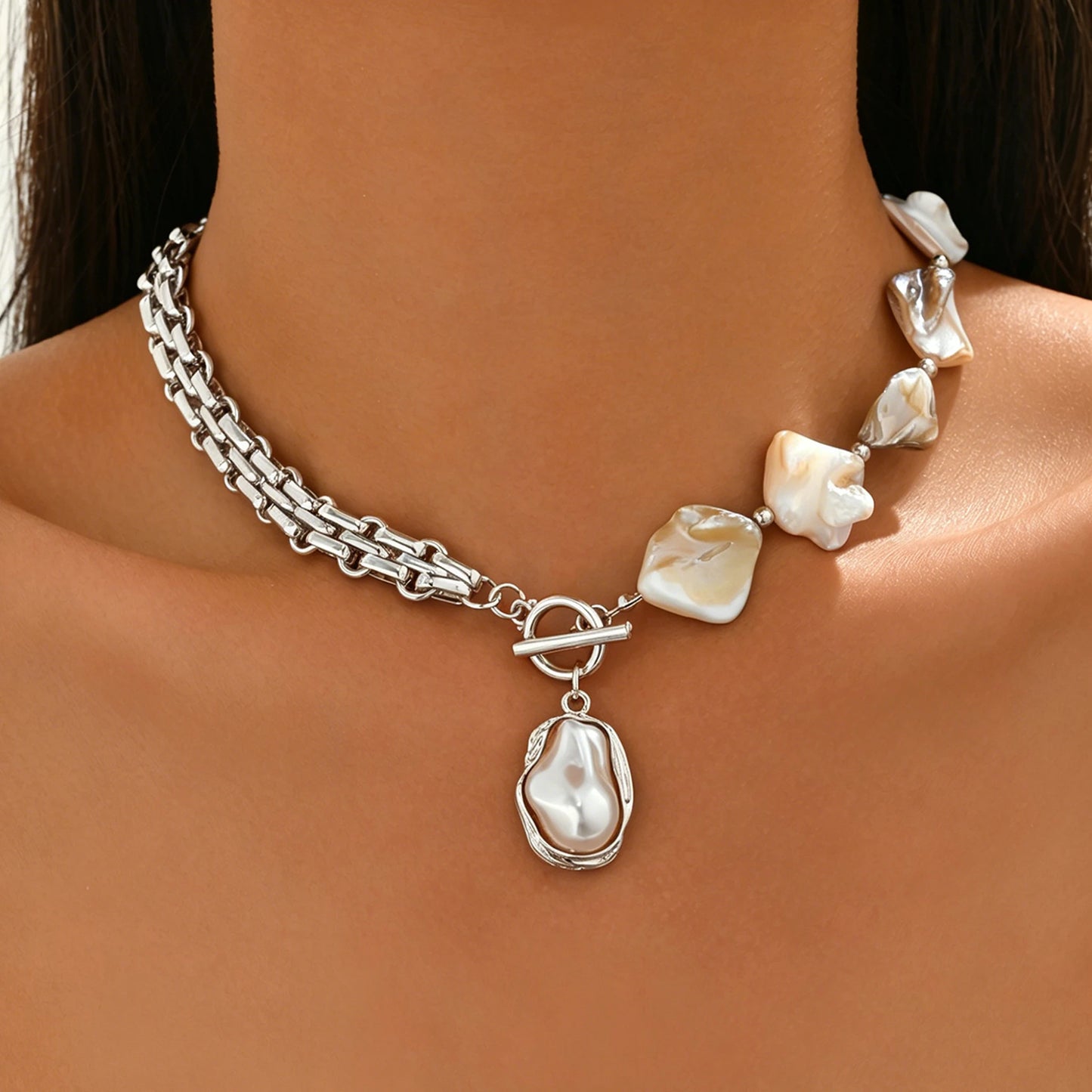 Boho Baroque Pearl Choker Asymmetric Cuban Link Chain Toggle Necklace