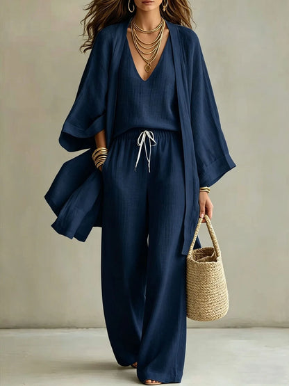 V Neck Tank Top Wide Leg Pants Kimono Cardigan 3 Piece Set