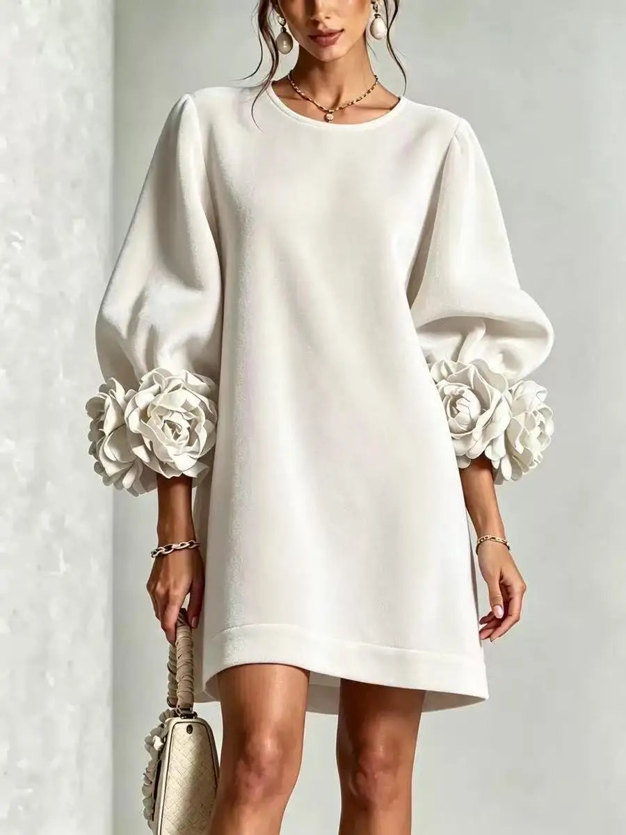 Fall Winter Korean Velvet Long Sleeve Dress with 3D