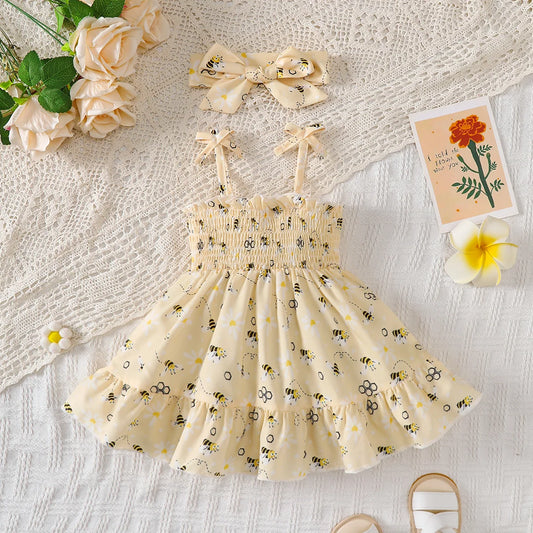 Baby girl Cute Little bee Ruffled Suspender Dress