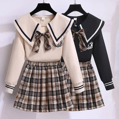 Bow Long Sleeve Top & Plaid Pleated Skirt Set
