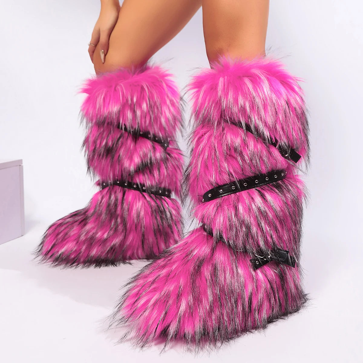Red Animal Fur Belt Buckle Mid-Calf Boots