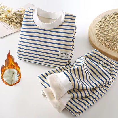 Striped Plush Warm Pajamas Autumn and Winter Pajamas 0-5 Years Old Set