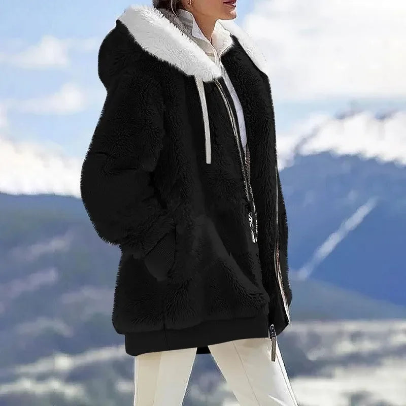 Autumn Winter Casual Hooded Zipper Cashmere Jacket