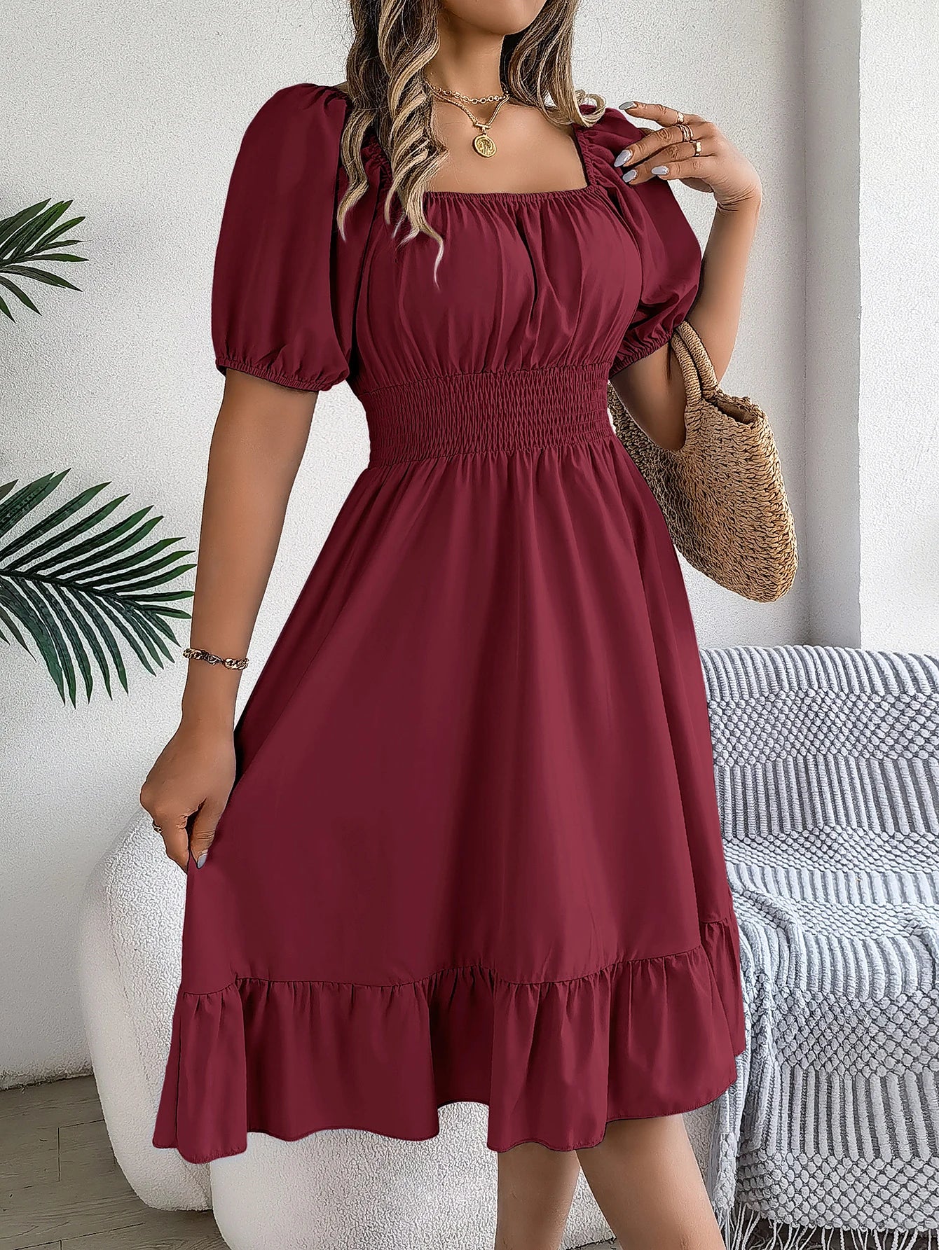 Puff Sleeve Square Neck Dress