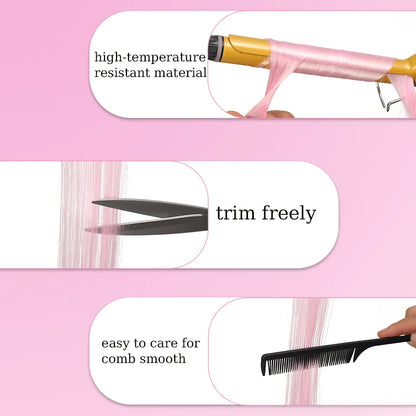 10Pcs Pink Clip in Hair Extensions Party Highlights Wig Synthetic Colored Straight Hairpiece