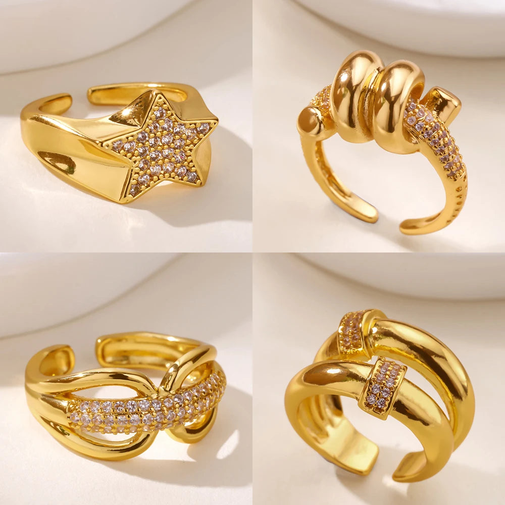 Zircon Star Knot Gold Stainless Steel Geometric Rings