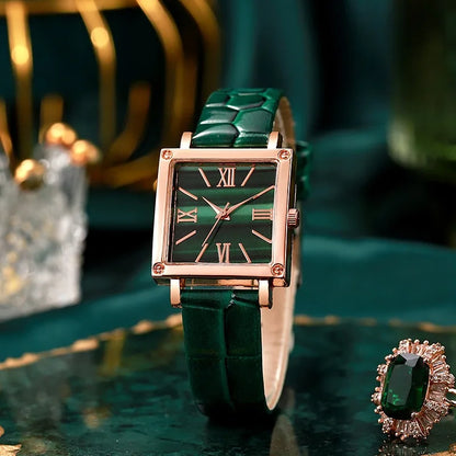 Square Quartz Roma Dial Leather Strap Wristwatches
