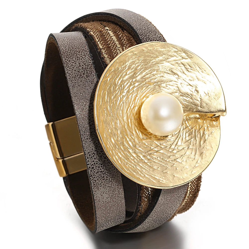 Wrinkled Textured Disc Leather Bohemian Pearl Wrap Chunky Bracelets